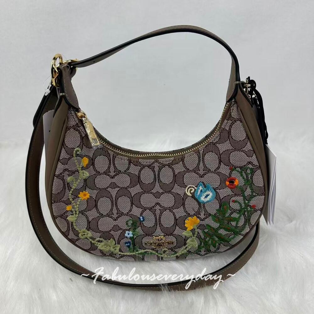 COACH Emily Shoulder Bag Signature Jacquard With Floral Embroidery CDX19 Oak NWT